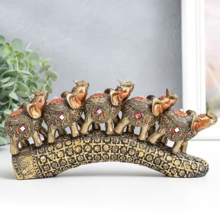 Polystone souvenir "Five elephants on a tusk with flowers" Bronze 20.5x4x11 cm-3