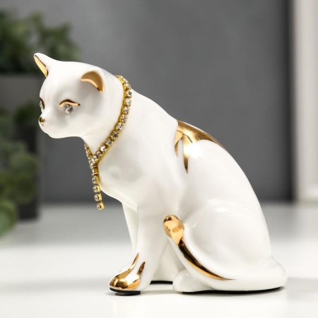 Souvenir ceramics "White cat with a necklace" with gold, rhinestones 10.2 cm-1