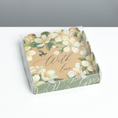 Cookie box, confectionery packaging with PVC lid, "bee", 13 x 13 x 3 cm