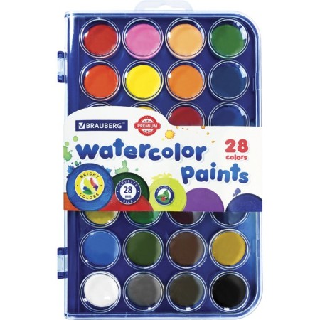 Watercolor 28 colors Brauberg Premium, round cuvettes 28 mm, in the pencil case