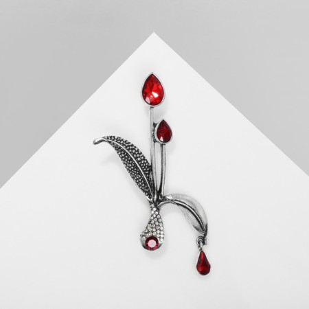 Brooch "Foliage" with dew, red-white color in black silver
