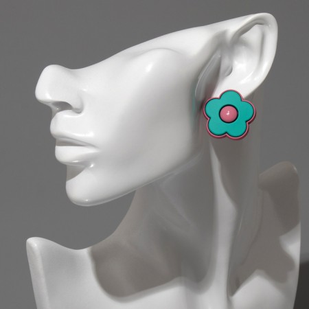 Earrings plastic "flowers", pink-green color-3
