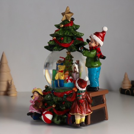 Souvenir Polystone Water Ballion Music, Light "Boy decorates the Christmas tree" D = 10 cm 18x16x23 cm-3