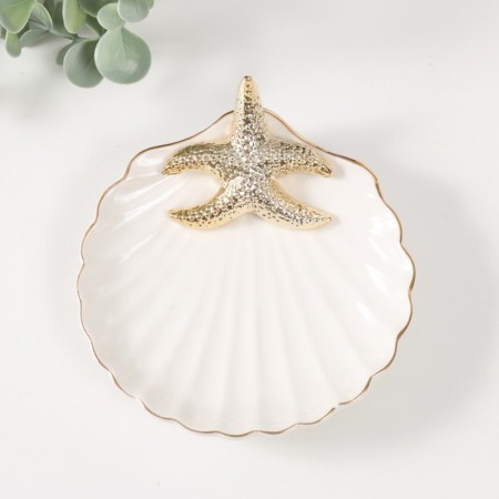 Souvenir Ceramics stand "Sea star on a shell" White with gold 13x12.5x2.5 cm-3