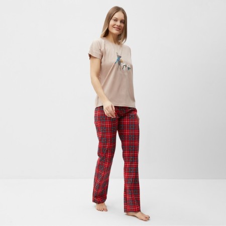 Female home set (T -shirt, trousers), beige/red color, size 52-2
