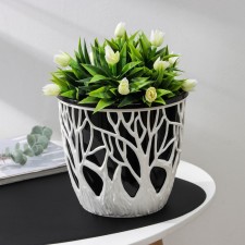 Kashpo for flowers with a “Forest” insert, 3 l, white-black color