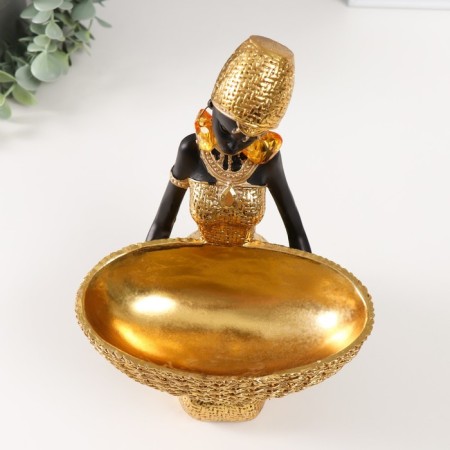 Souvenir Polystone stand "African sits, with a wicker basket" Gold 16x16x23 cm-4