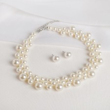 Set 2 objects: earrings, Kizel necklace scattering beads, white color, 42 cm