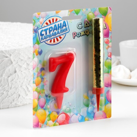 Candle for cake the number "Oval" Red "7" + Fountain-2