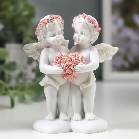 Polystone souvenir "Angels in pink wreaths with heart from roses" 10x8.5x5.5 cm