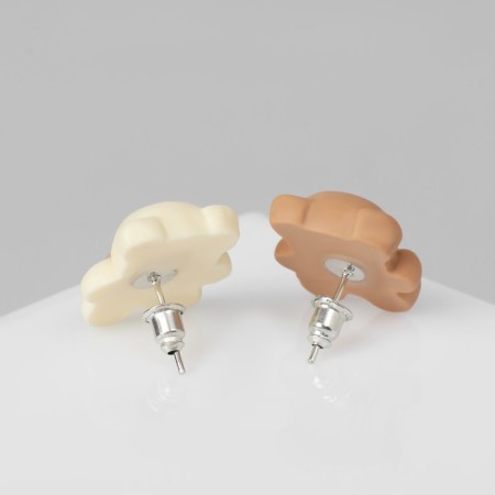 Earrings plastic "Bear" with a bow, white-brown color in silver-2