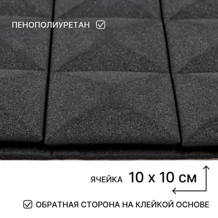 Acoustic foam mushroom, self -adhesive, tiles, 50 x 50 x 3 cm, black-1