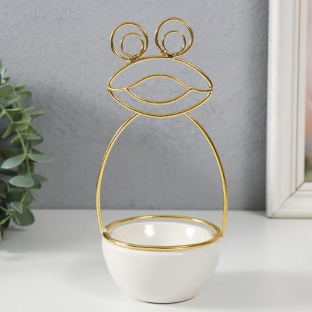 Souvenir ceramics, metal stand "Frog" white with gold 9x8x18 cm-1