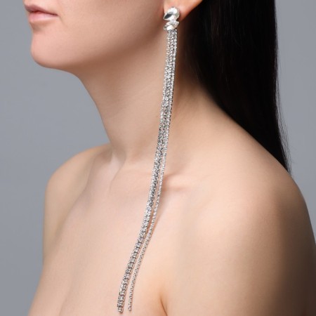 Hanging earrings with rhinestones "Waterfall" oval 3 threads, white color in silver, 32 cm-4