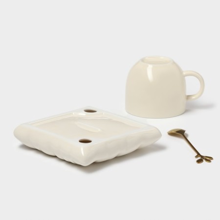 Tea couple ceramic with a spoon "Zephar", 2 items: a cup 250 ml, a saucer d = 13 cm, beige color-10