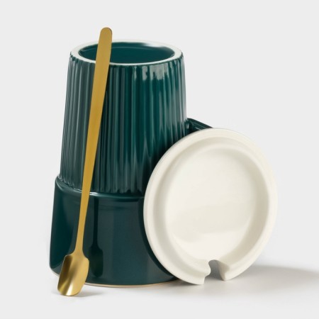 Ceramic mug with a lid and spoon Vintage, 350 ml, emerald color-2