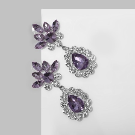 Earrings with rhinestones "Eden" drops, lilac-white color in silver-1