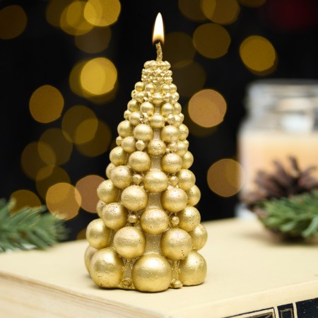 New Year. Candle "Fir tree from balls" 50*100 mm, varnish, golden