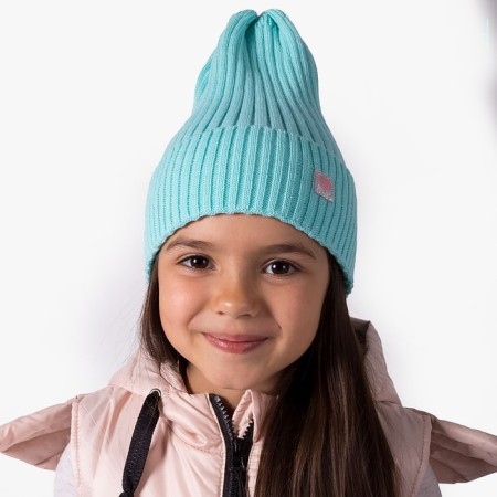 Knitted hat for girls, mint color/heart, size 52-56