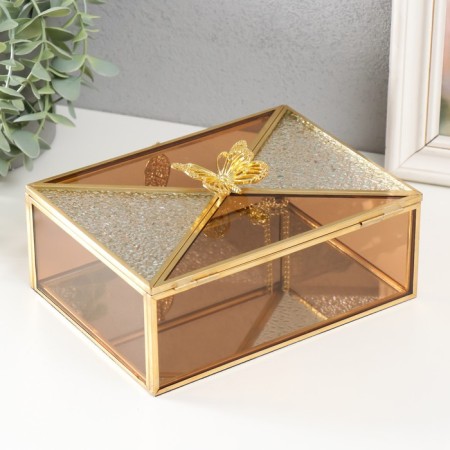 Casket Glass with a metal frame "Butterfly and leaf" Caramel 18.7x14.6x9 cm-3