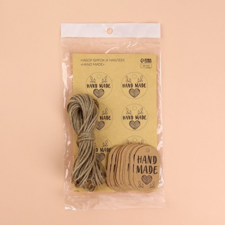 A set of tags with jute and stickers "Hand Made", 10 pcs, 3.5 × 6 cm / 6 pcs, 4 × 4 cm, color crafting-4