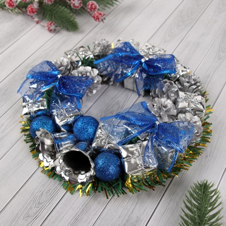 New Year's Wreath D-22 cm "Blue bows and balls"-1