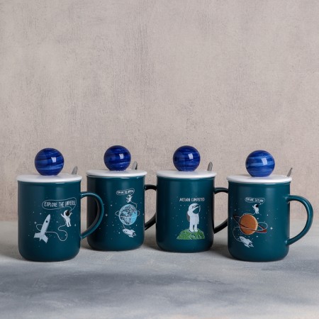 Ceramic mug with a lid and spoon "Cosmonaut", 350 ml, Mix drawing-2