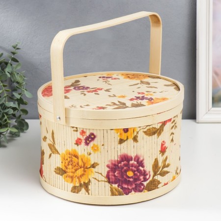 Bamboo box "Garden with peonies" round, with handles 16x26x26 cm