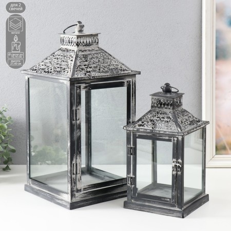 Climber Metal Lantern "Lace Patterns" set 2 pcs 14x14x27 cm, 20x20x40 cm