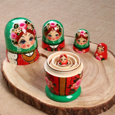 Nesting doll "green scarf with sundress" 18cm, 5 puppet, manual painting-3