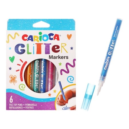 Flomasters 6 colors, Carioca Glitter, with sparkles, bullet -shaped node 1.0 mm, water -based ink, super -resistant tip
