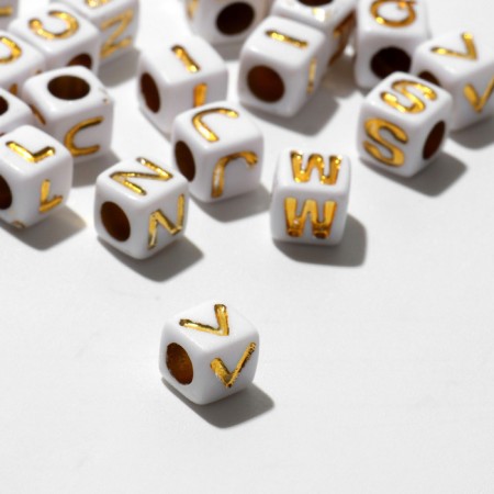 Acrylic bead "English letters" mix, cube 7 × 7 mm, set 10 g, white-golden color-1