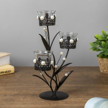 Summary metal, glass for 3 candles "openwork with pearls" black 29x15x11.5 cm-2