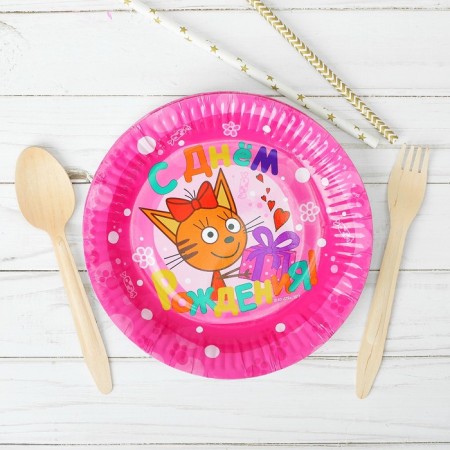 Paper plate "Three cats", 6 pcs., 17 cm, pink color