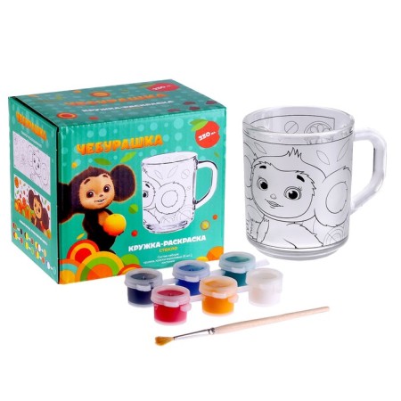 Mug 230 ml, in a set with paints and brush “Cheburashka”, glass