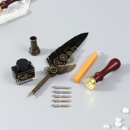 Feature handle set with interchangeable feathers+stand+ink+wax+print 26x12x4 cm-2