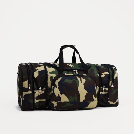 Road bag on a zipper, with an increase, 3 outer pockets, a long belt, camouflage color/brown-2