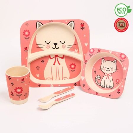 A set of children's bamboo dishes "Kithechka", plate, bowl, glass, devices, 5 items