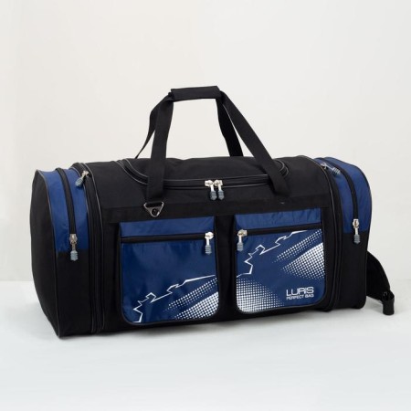 Road bag with lightning, with an increase, 4 outer pockets, long belt, blue color
