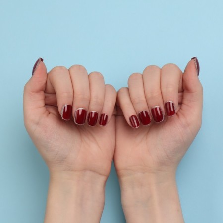 Wine overhead nails, 12 pcs, with adhesive plates, soft square shape, burgundy/silver color-13