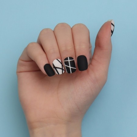 Black overhead nails, 12 pcs, with adhesive plates, soft square shape, black/white color-13