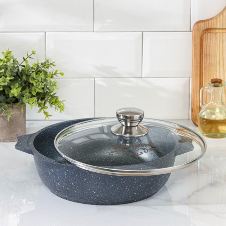 Granite fried, 3 l, d = 26 cm, h = 8 cm, anti-stick coating, glass cover, dark gray color-1