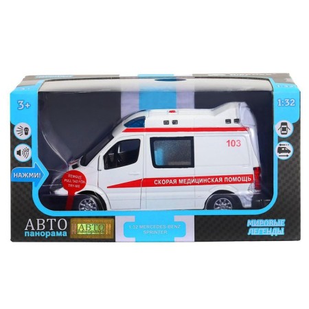 Metal machine "Mercedes Sprinter. Ambulance ”1:32, inertia, white color, light and sound effects-1