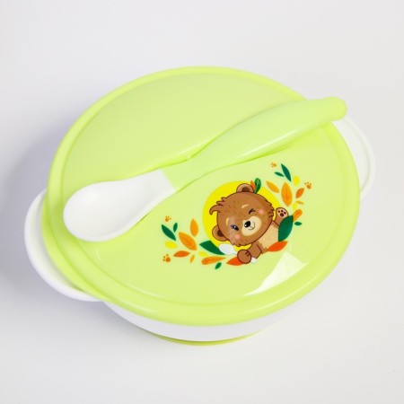 A set of children's dishes "Friends", 3 objects: a plate on a suction cup, cover, spoon, green color-3