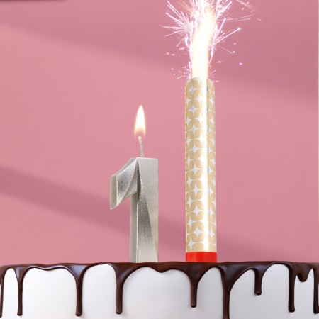 Candle in the cake "Grani + Fountain", number "1", silver metallic, 6.5 cm