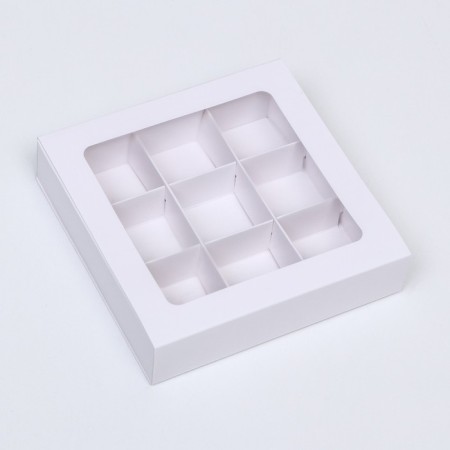 Box for 9 sweets with a shell, with a window, with thin dividers, white 14.7x14.7x3.4 cm-2