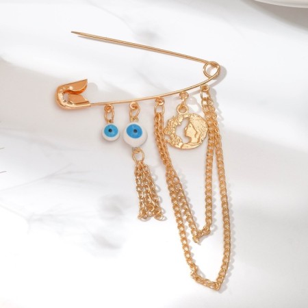 Bulavka-convertible “for good luck” 5 pendants, 8 cm, white-blue color in gold-1