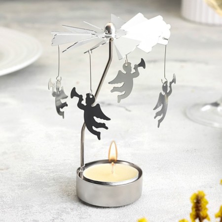 Candle rotating "carousel with angels", silver, metal