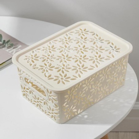 Storage basket with a lid "Chamomile", 3 l, 24 × 18 × 10.5 cm, ivory color-1