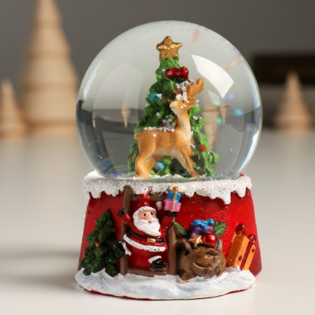 Souvenir Polystone Water Ball "Deer at the elegant Christmas tree" 7x8x9 cm